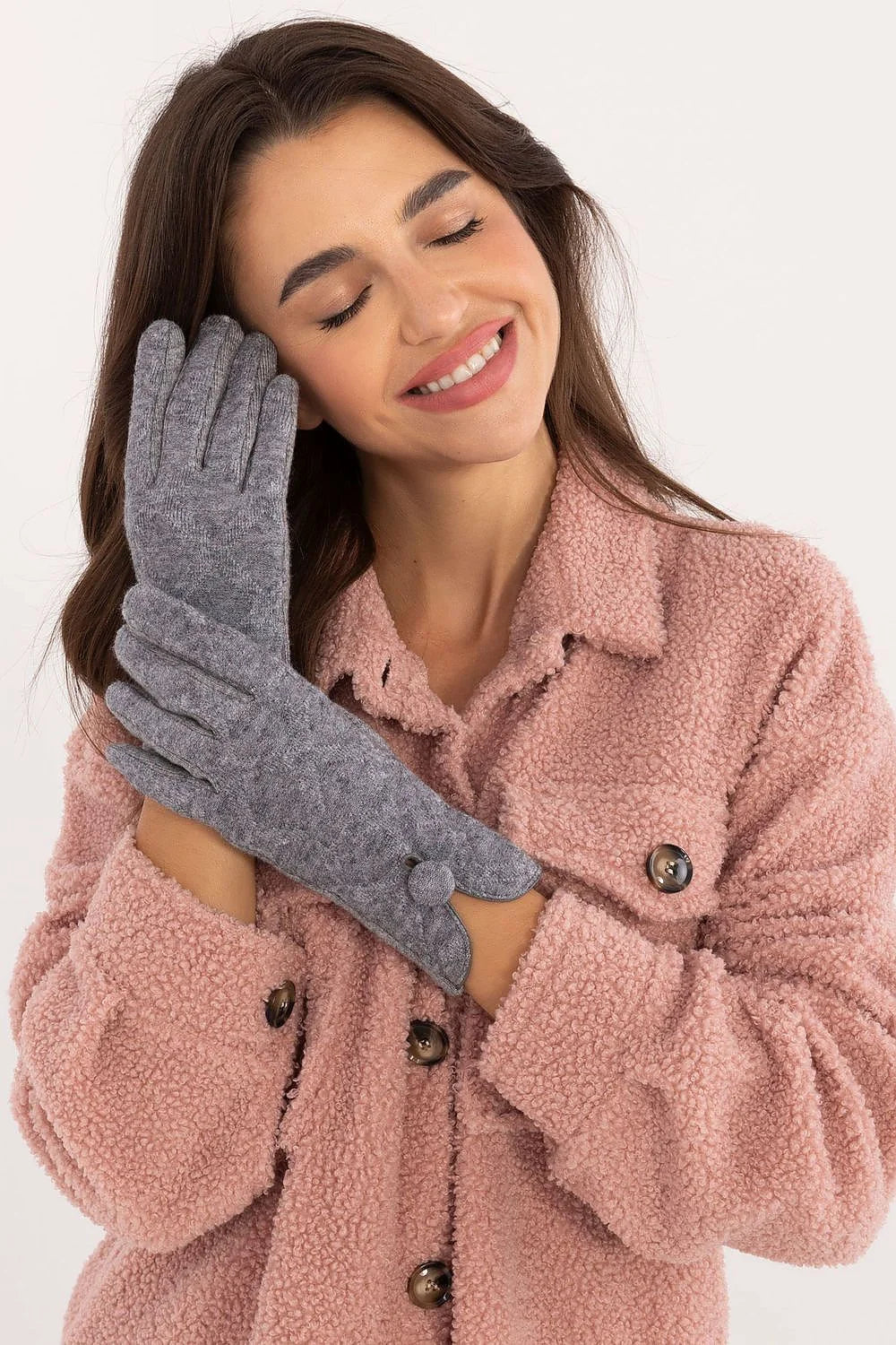 Veste et gants élégants pour femmes en tissu bouclé et laine, style décontracté, couleur rose pâle et grise, parfait pour l'hiver