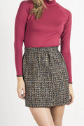 Ensemble Pull Coton Bordeaux Col Roulé et Jupe Tweed Élégant Chic Décontracté Femme Mode
