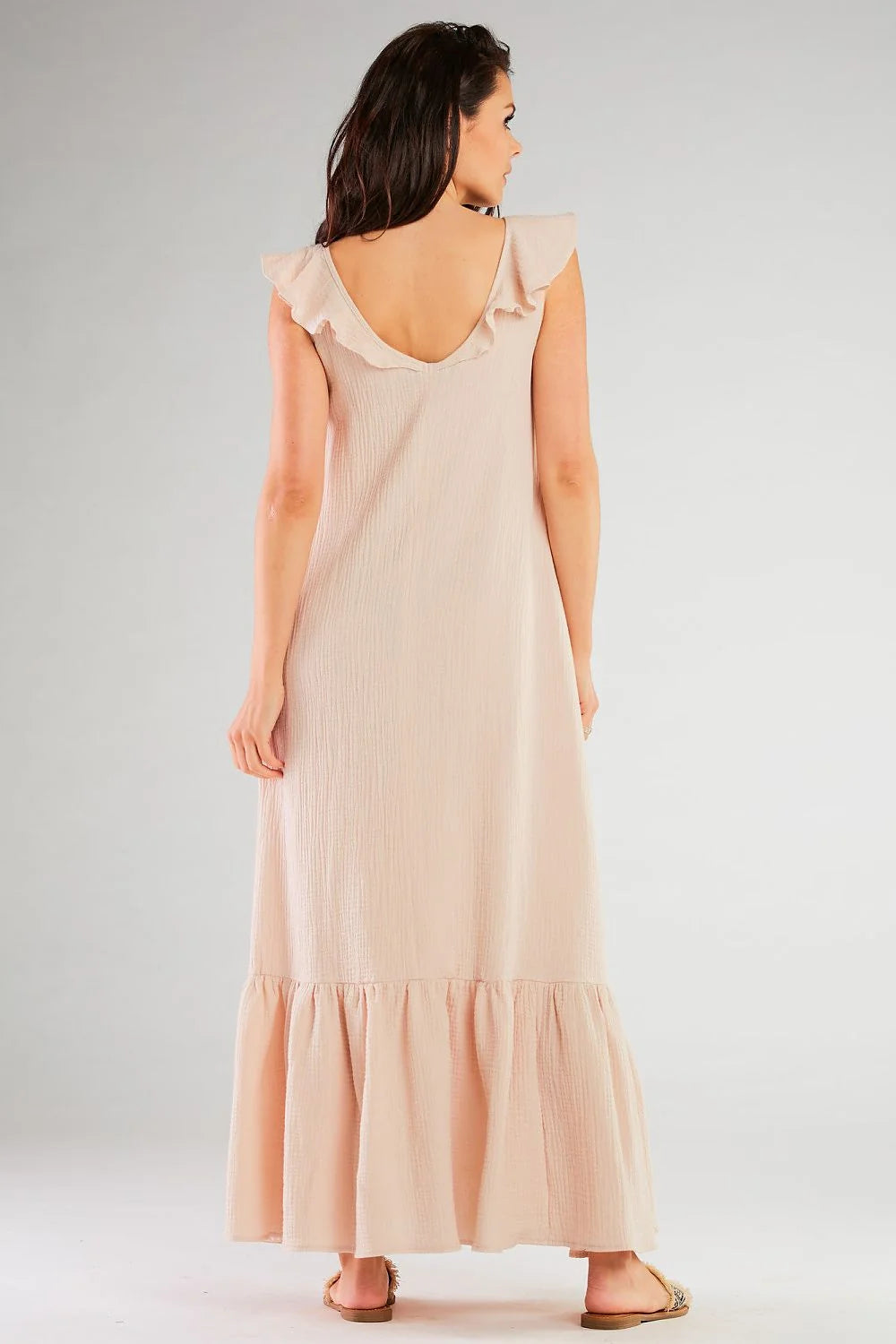robe longue élégante journée sansmanches coton doux pastel rosepoudré fluide évasée encolureronde volants épaules large volant ourlet cheville respirante bohème