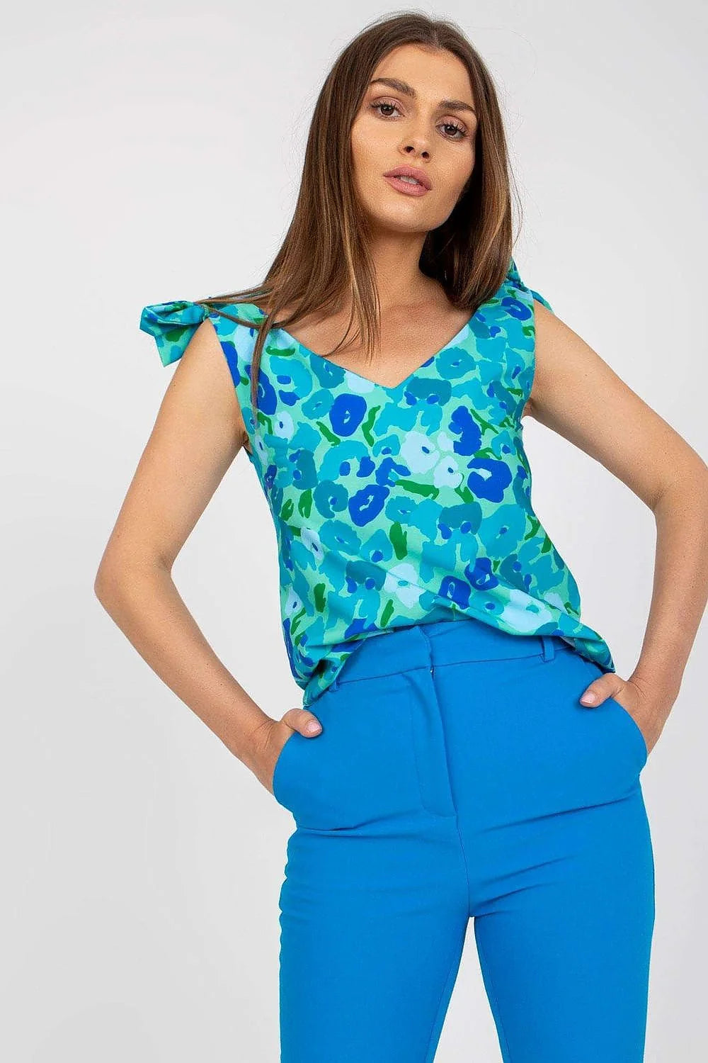 Top sans manches floral tropical femme col V nœuds décoratifs coupe ajustée style casual matériau respirant polyester 100% Taille S M L