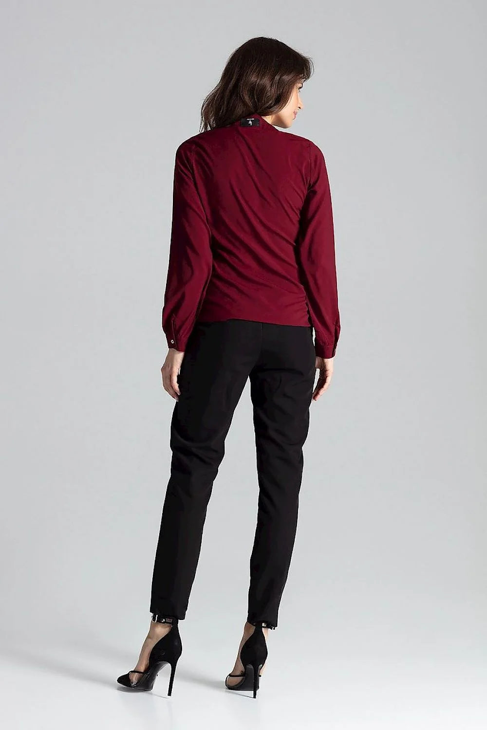 chemisier Lenitif bourgogne satiné manches longues ajustée col V fermeture éclair dorée poignets boutonnés élégant polyester viscose lycra