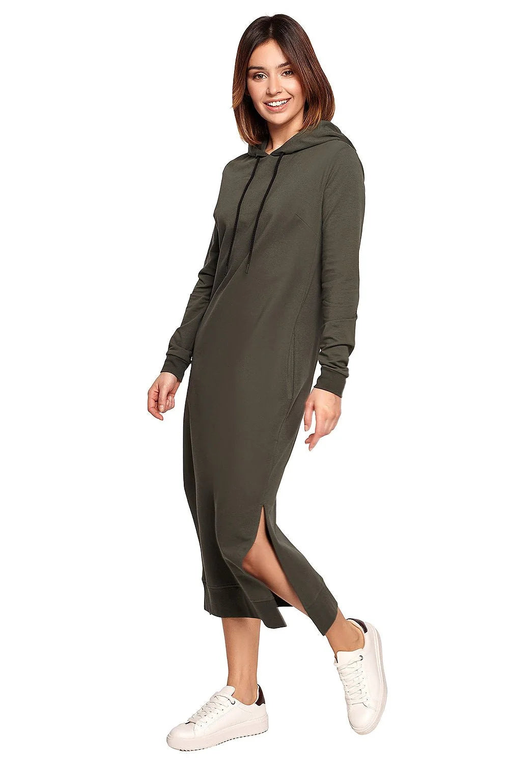 Robe sweat coton décontractée beige confortable capuche poches longues moderne femme activités quotidiennes