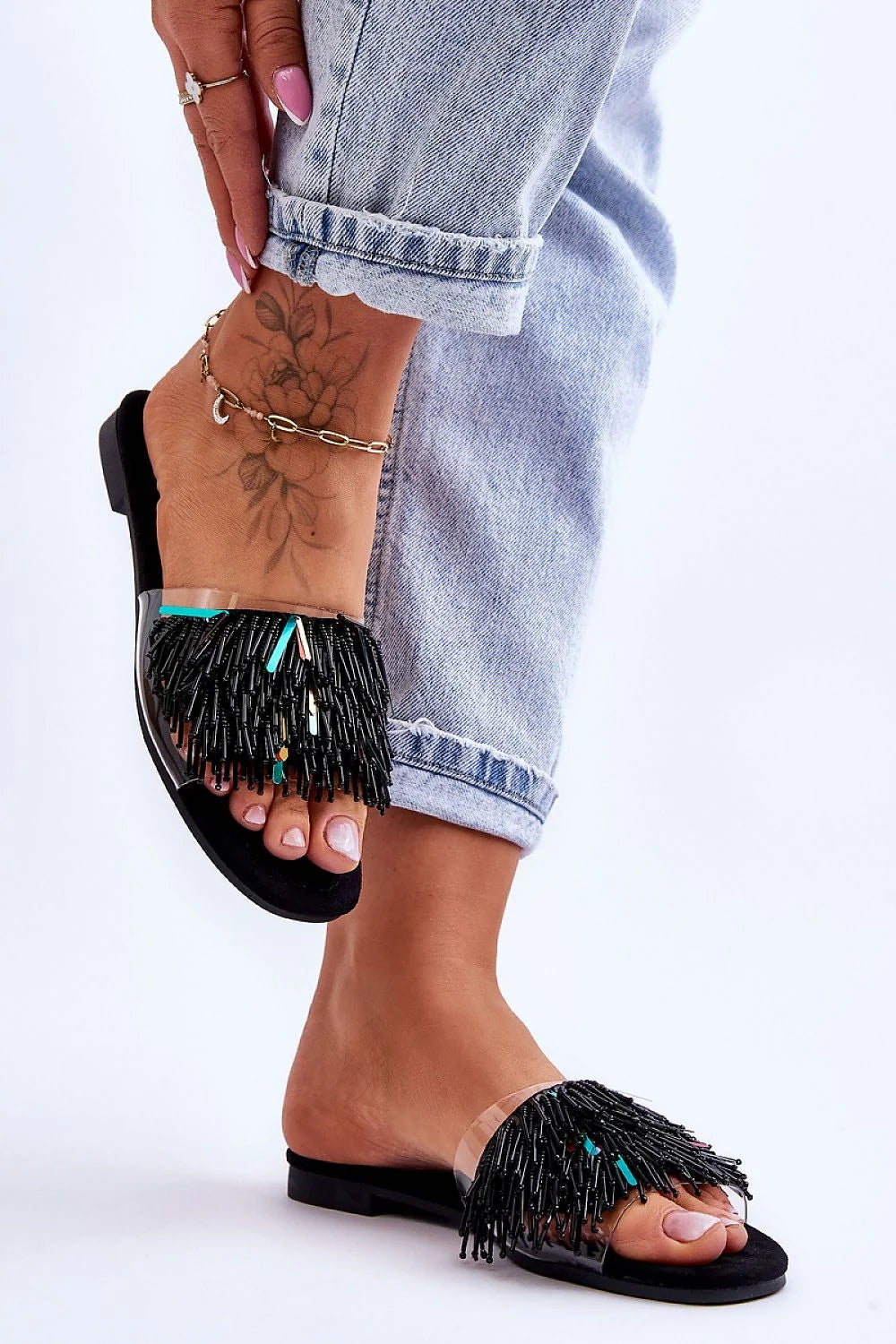 sandales femmes plates mules ouvertes noires turquoise perles tubulaires franges bride transparente ecosuede confort semelle antiderapante legere durable