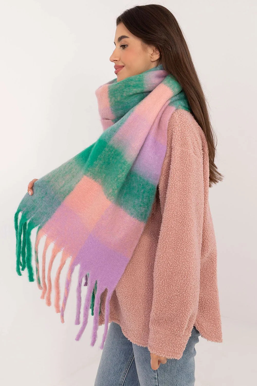 Écharpe large en polyester motif carreaux couleurs pastel style oversize avec franges pour femme