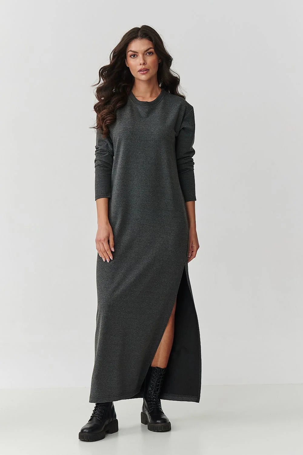 robe maxi sweat femme gris anthracite coupe droite col rond manches longues molletonnee douce extensible fente laterale haute