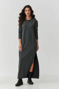 robe maxi sweat femme gris anthracite coupe droite col rond manches longues molletonnee douce extensible fente laterale haute