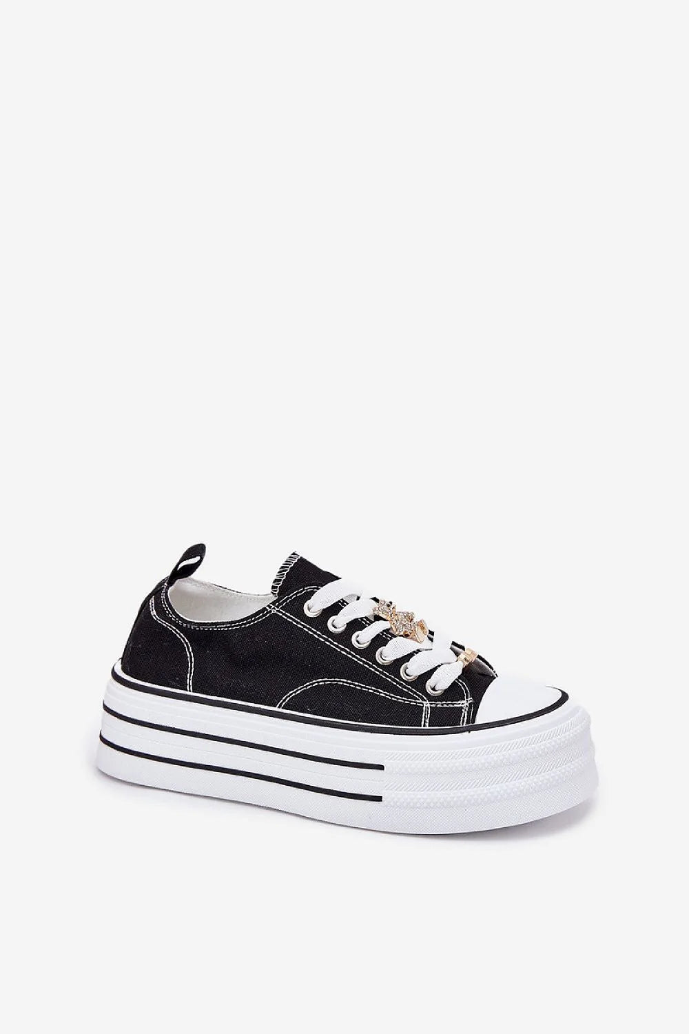 Baskets Step in style pour femmes en tissu noir et blanc plateforme massive détails dorés tendance mode casual