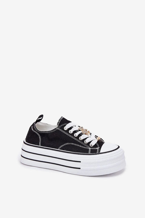 Baskets Step in style pour femmes en tissu noir et blanc plateforme massive détails dorés tendance mode casual