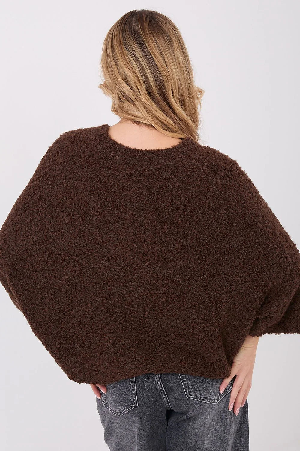 pull femme bouclé oversize teddy sherpa marron chocolat col rond manches trois quarts larges tombantes longueur mi hanche doux moelleux
