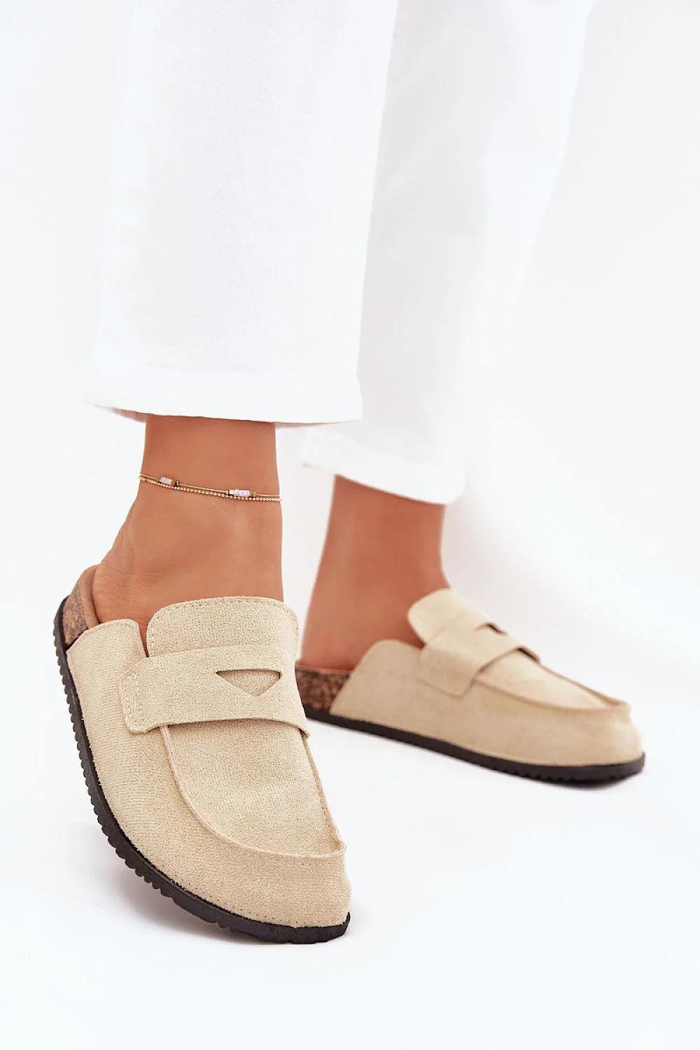 mules suédine écologique femme backless loafer beige bout rond bride penny plateforme liège 3cm semelle crantée noire confortable