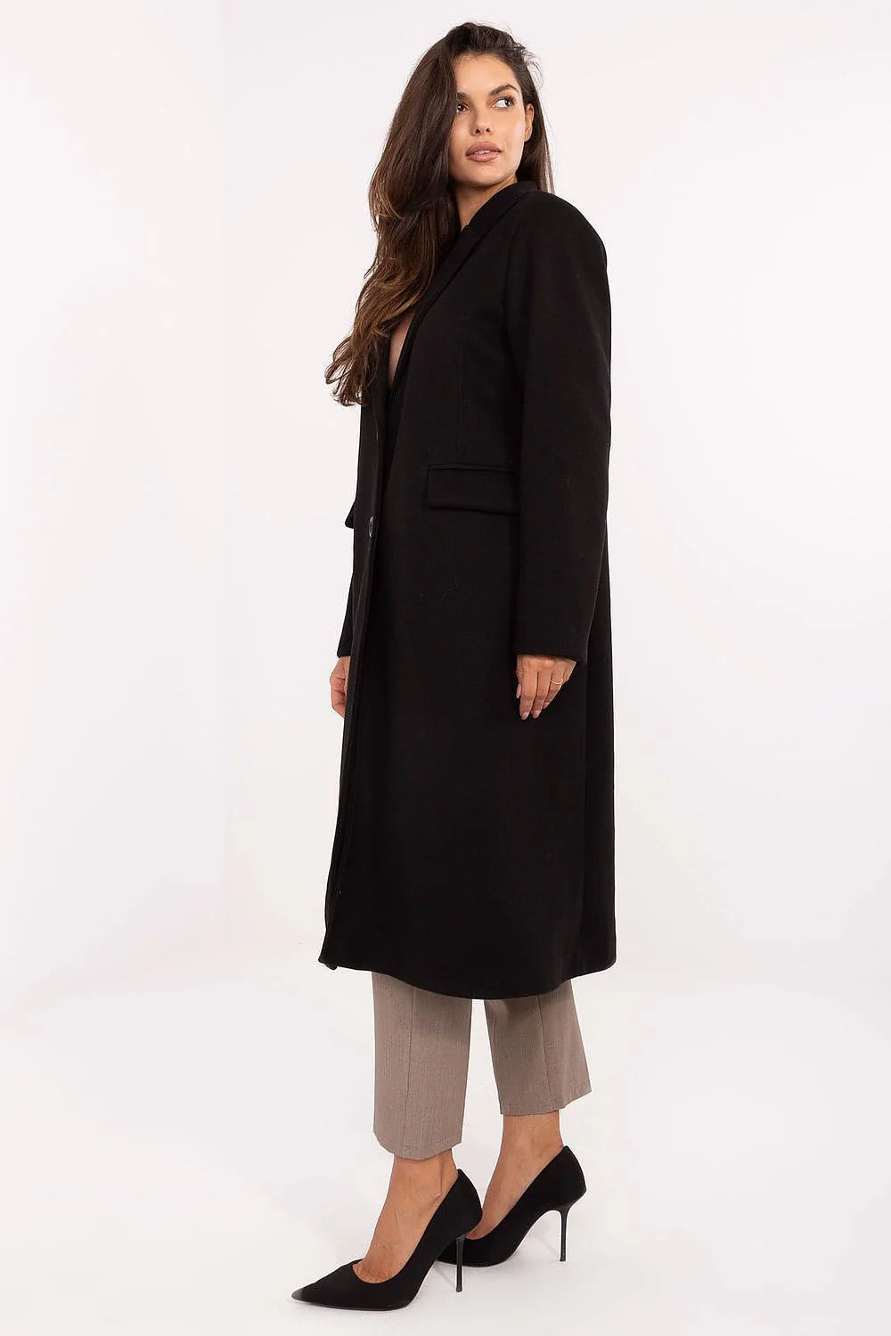 manteau long femme coupe droite oversize noir col tailleur revers deux boutons poches rabat doublé léger polyvalent automne hiver élégant