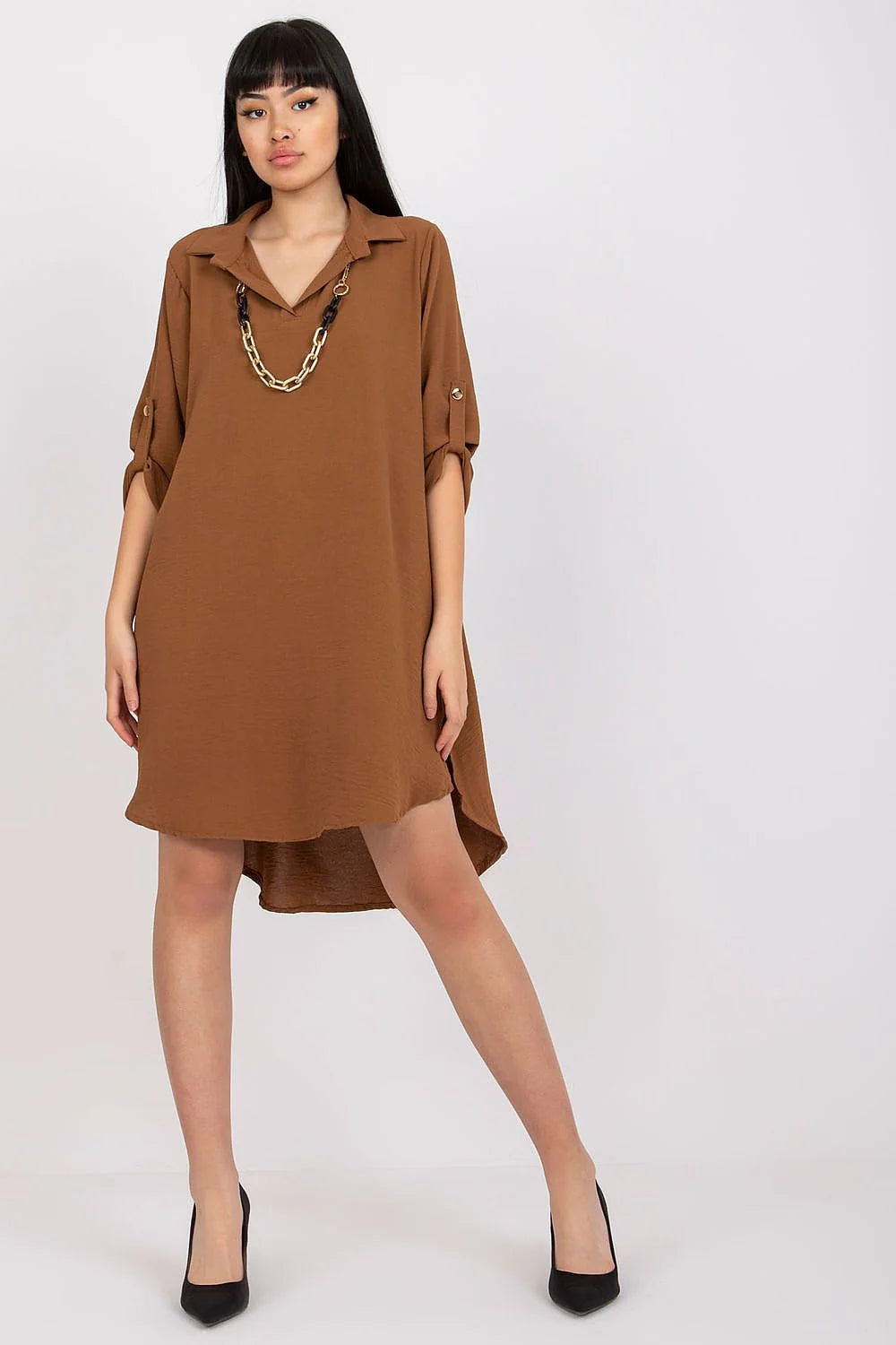 Robe de jour Italy Moda asymétrique manches longues col ouvert en V ceinture métal polyester elasthanne robe décontractée style moderne occasion multiple