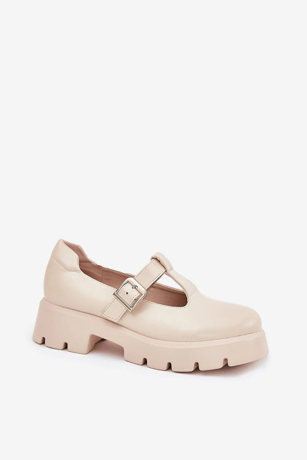 Chaussures basses pour femmes style Mary Jane cuir synthétique beige talon plat plateforme crantée boucle métallique argentée confortable et élégante