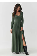 robe maxi olive manches longues encolure ronde corsage ajusté jupe évasée plissée jersey extensible fluide taille marquée fente latérale