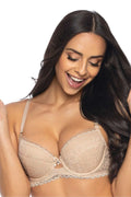 Soutien-gorge push-up dentelle beige classique sexy armatures bretelles ajustables bijoux central fermeture crochets
