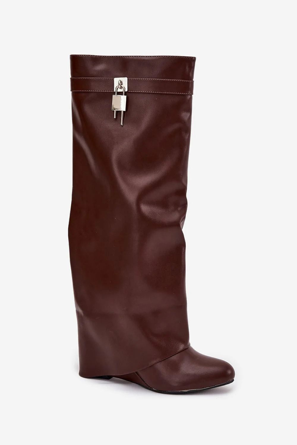 cuissardes femme chocolat suédé simili cuir tige drapée large fente latérale fermeture éclair intérieure sangle pendentif cadenas métallisé talon compensé