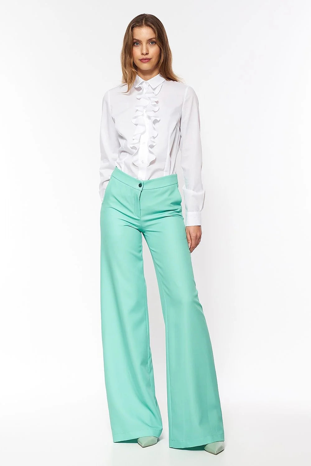 Pantalon palazzo polyester élégant bleu évasé moderne confort bureau décontracté femme taille haute