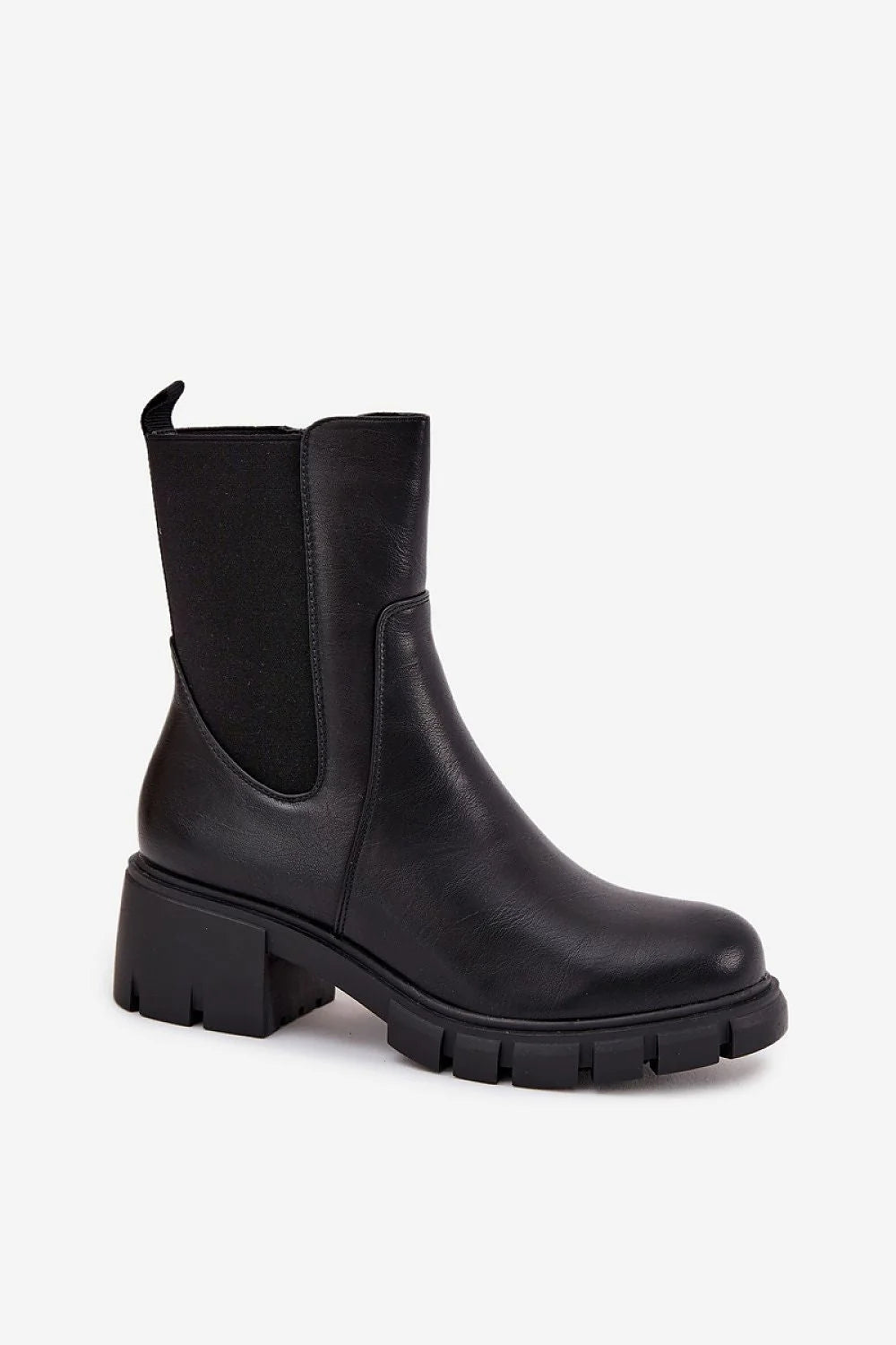 Bottines Chelsea Jezzi cuir écologique noir bout rond empiècements élastiques zip intérieur talon bloc moyen semelle crantée adhérence doublure chaude