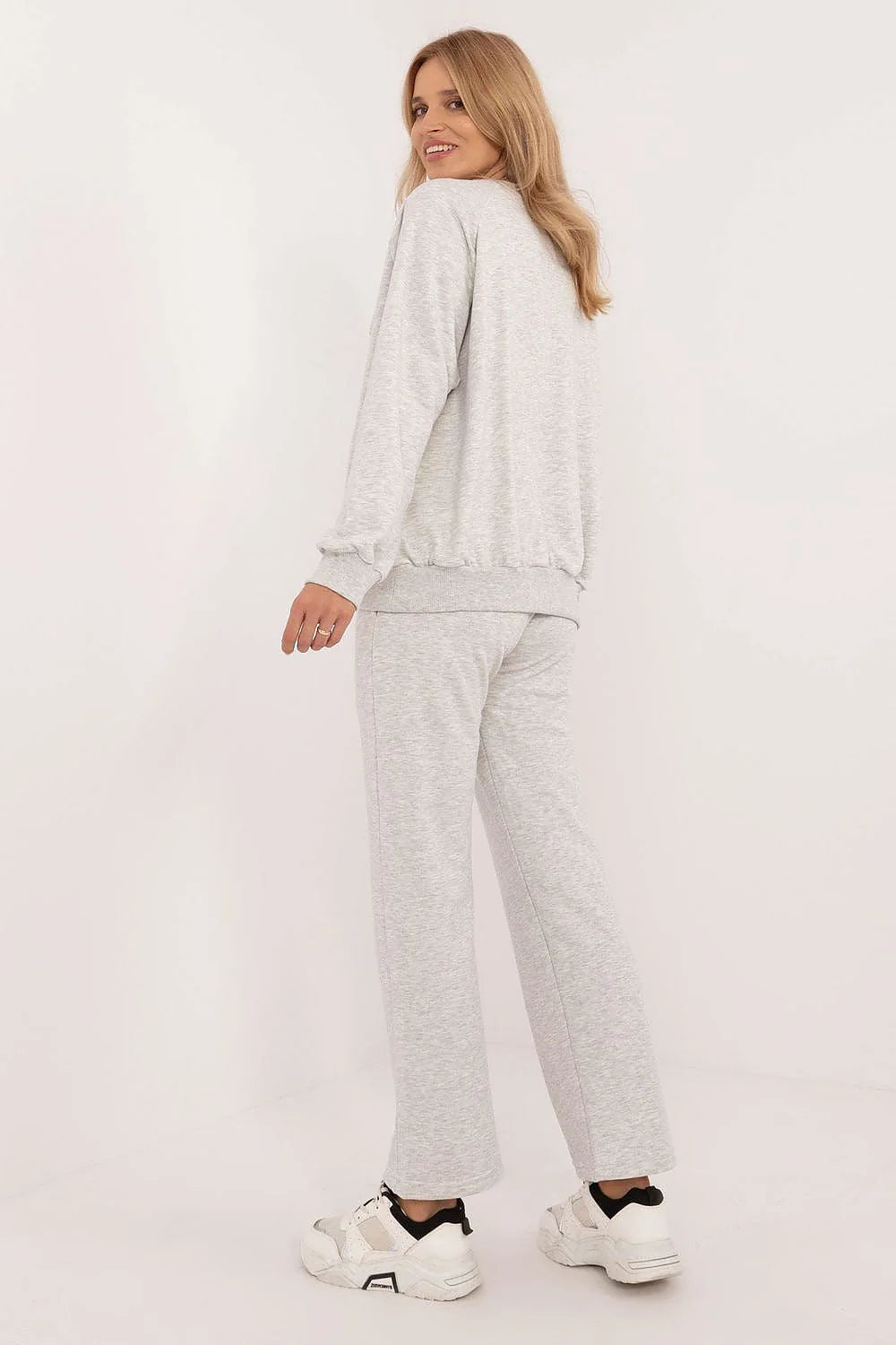 Ensemble casual femme sweatshirt et pantalon coton polyester gris chiné manches longues poches logo