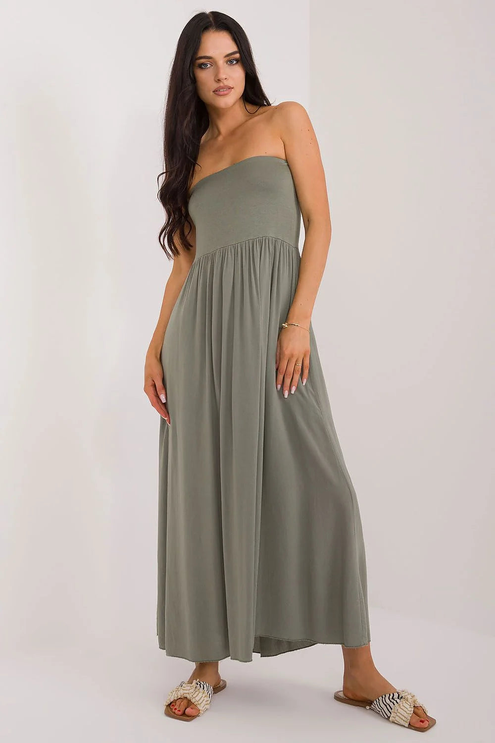 jupe longue maxi femme taille haute large ceinture repliée coupe évasée longueur cheville kaki sauge fluide viscose plissée bohème chic