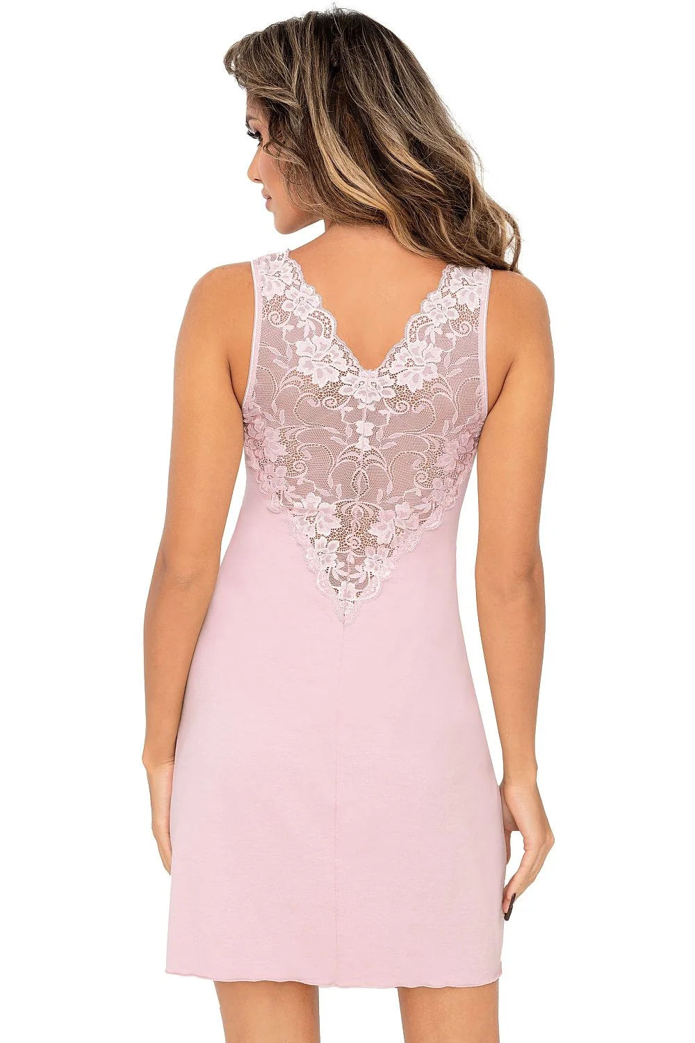Chemise de nuit Donna élégante en dentelle rose pâle nuisette féminine soie viscose Bardot élasthanne femme