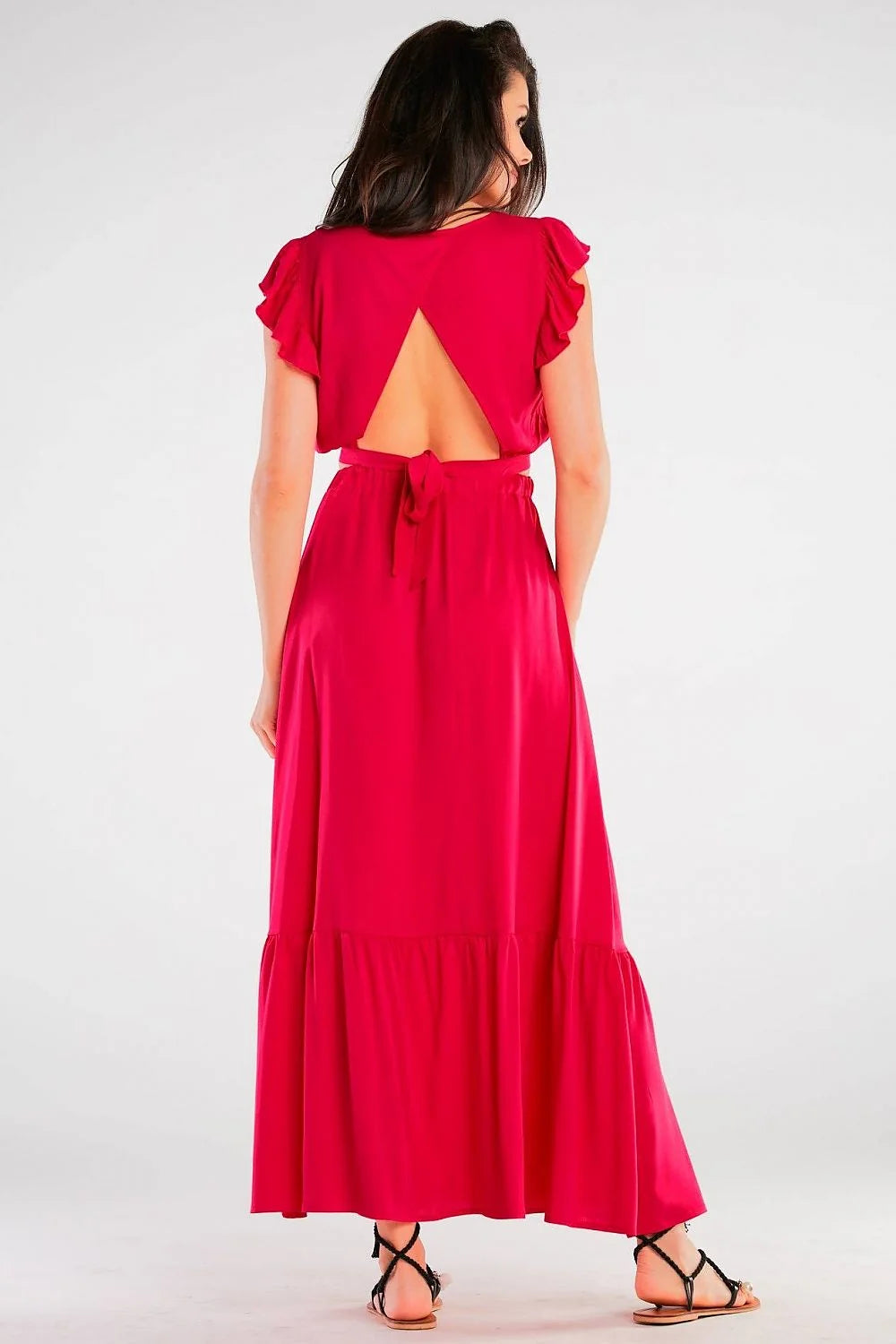 Robe longue élégante rouge viscosé femmes volants manches courtes taille élastiquée dos nu style été