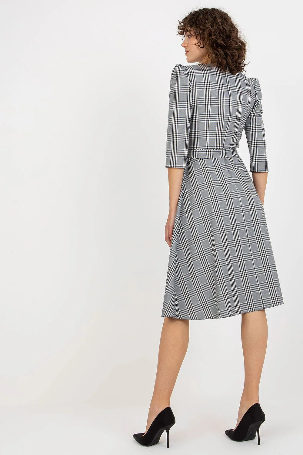 Robe de jour Lakerta en V manches 3/4 longueur midi carreaux style classique ceinture taille ajustable coton polyester elasthanne femme