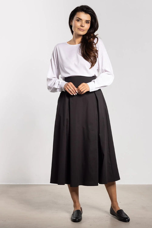 jupe midi femme taille haute évasée noire uni ceinture nouée arrière plis discrets popeline coton tombé rigide intemporelle élégante polyvalente