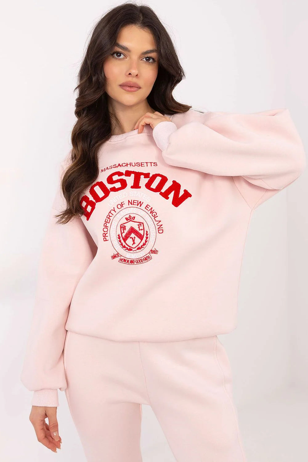 Sweatshirt femme Boston Massachusetts université ensemble Casual couleur rose pâle tissu coton maille côtelée taille élastiquée pantalon assorti