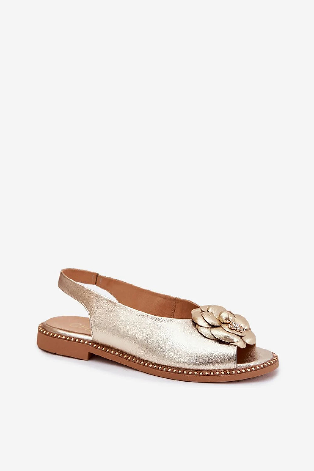 Sandales ouvertes pour femmes design floral élégant cuir naturel doré métallisé semelle plate talon plat facile à enfiler sandales estivales
