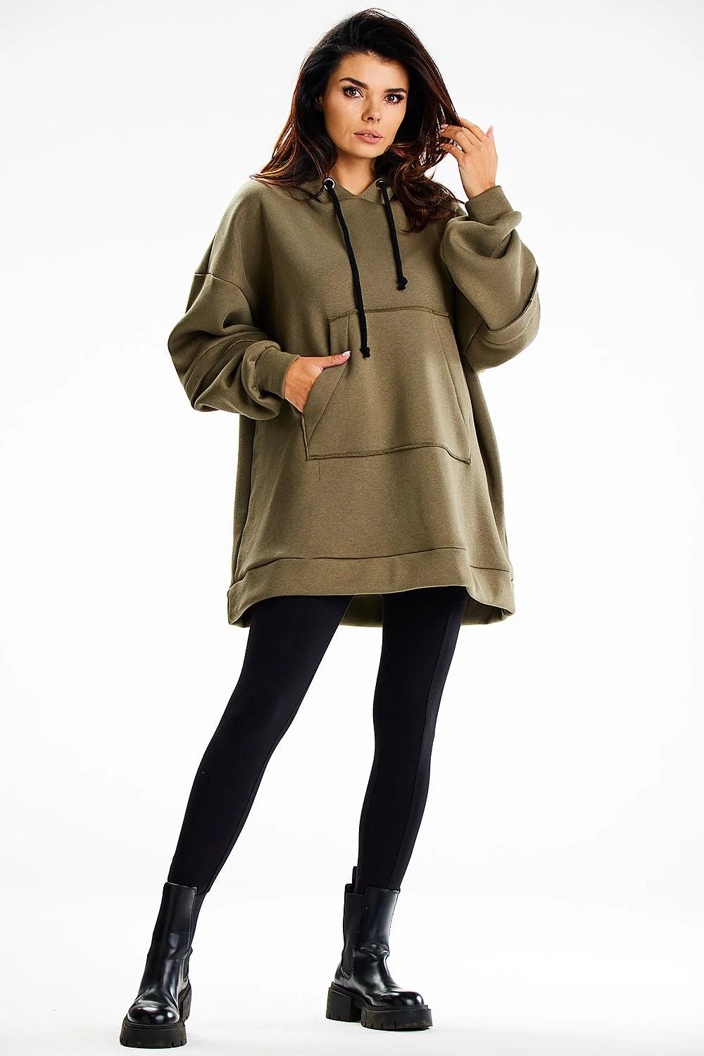 Sweatshirt Femme Oversize Doux en Coton Khaki Capuche Poche Kangourou Confortable Usage Quotidien Style Moderne