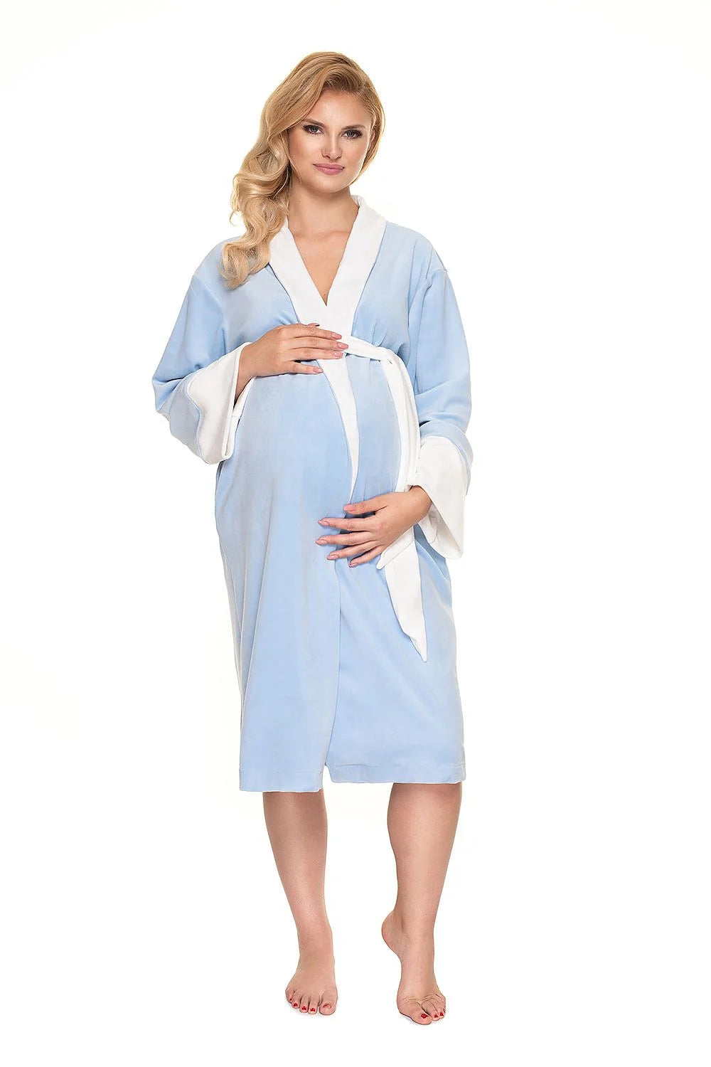 Peignoir maternité en velours doux, confortable, bleu clair, avec ceinture ajustable, pour futures mamans élégantes