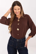chemise femme manches longues retroussables col classique boutonnée boutons dorés décoratifs fleur pastille texturée chocolat fluide léger oversize