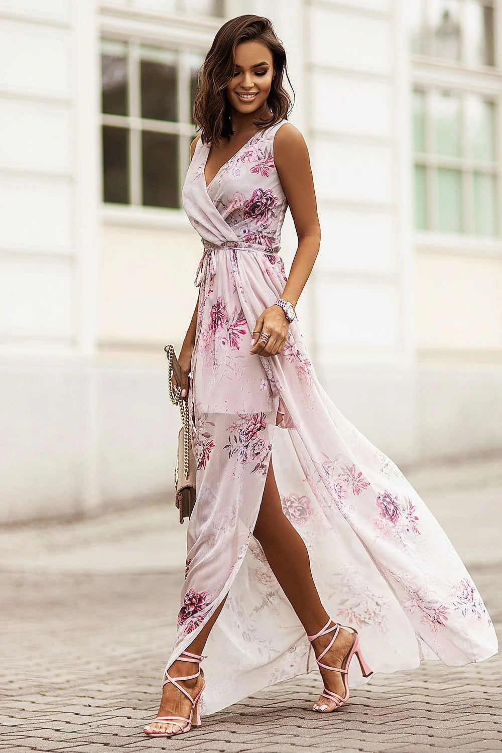 Robe de cocktail élégante longue en mousseline de soie rose pastel dentelle fente latérale femme occasion formelle