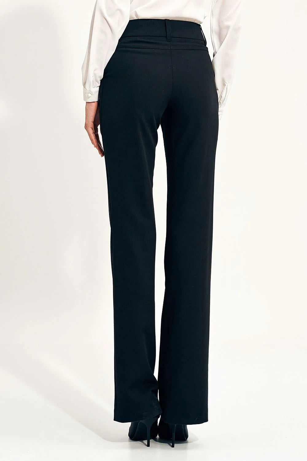 Pantalon long Nife noir femme style classique professionnel taille haute ceinture panneau cousu jambes évasées coupe ajustée polyester viscose élasthanne