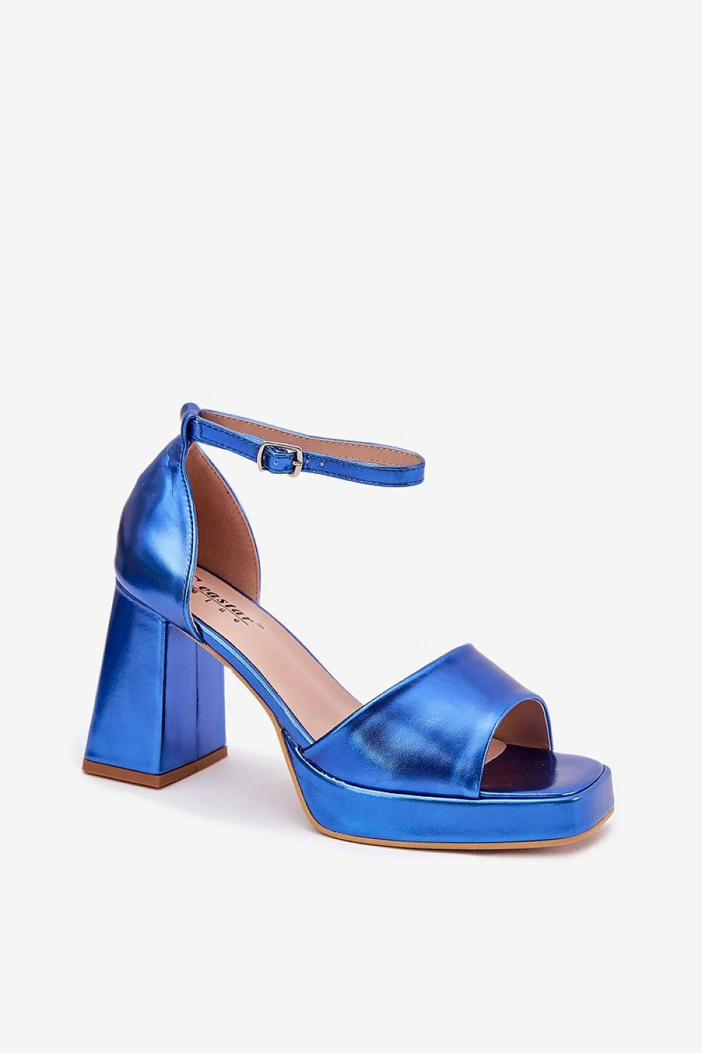 sandales talons aiguilles cuir synthétique métallisé bleu électrique audacieux glamour plateforme bride cheville réglable boucle argentée antidérapante soirée