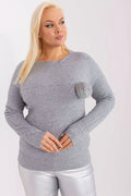 pull femme plus size gris clair manches longues col rond pompon fourrure fausse maille fine extensible doux ajusté