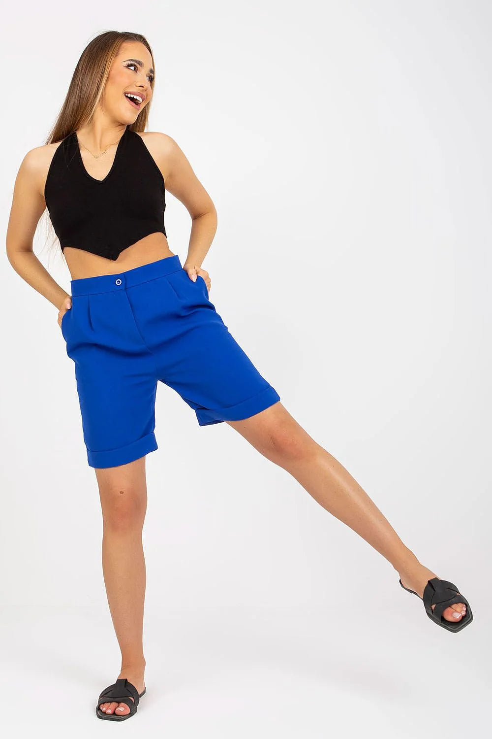 Shorts femme taille haute fermeture glissante bouton bas relevé poches latérales polyester viscose été décontracté
