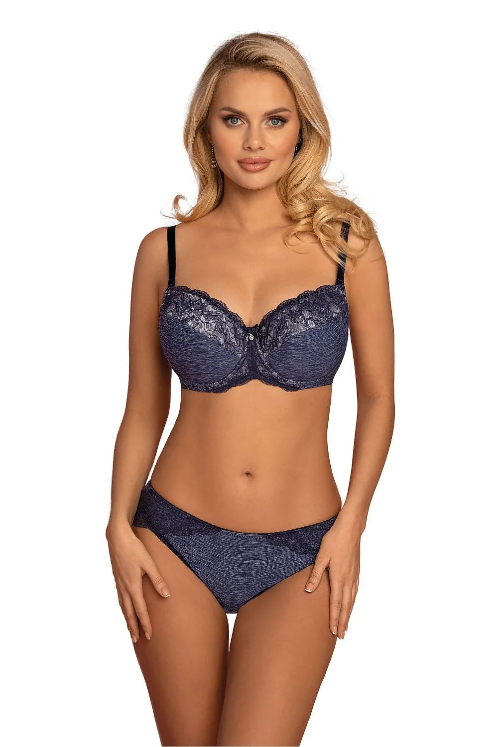 Ensemble de lingerie féminine élégant en microfibre bleu marine avec dentelle florale, soutien-gorge balconnet, culotte classique, taille ajustable, S-XXL