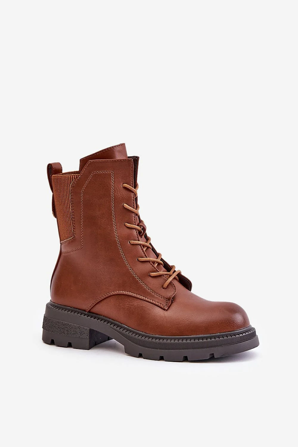 Bottes pour femmes design robuste contemporain style militaire chic cuir marron人工 doublure fermeture éclair latérale lacets surpiqûres contrastées semelle caoutchouc épaisse crantée talon bas coupe montante occasions quotidiennes et variées