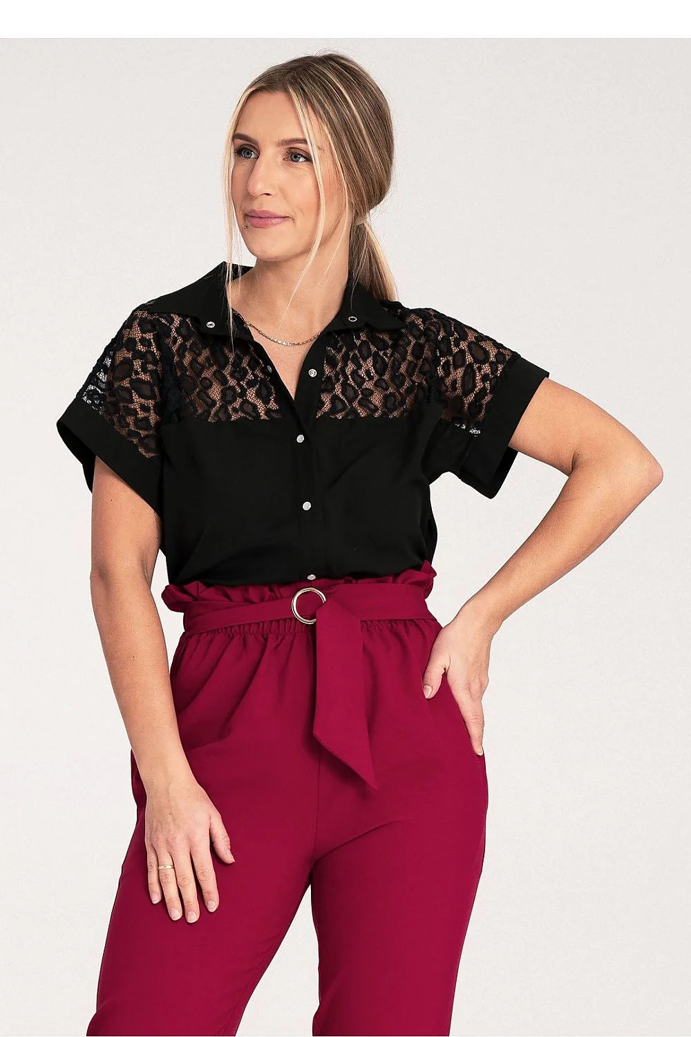 Chemise manche courte Figl design moderne élégant dentelle transparente col classique coupe ample polyester viscose elasthanne