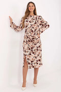 robe midi satin viscose polyester imprimé floral rosé beige latérale feuillage vert drapé froncé taille manches ballon encolure ronde fente