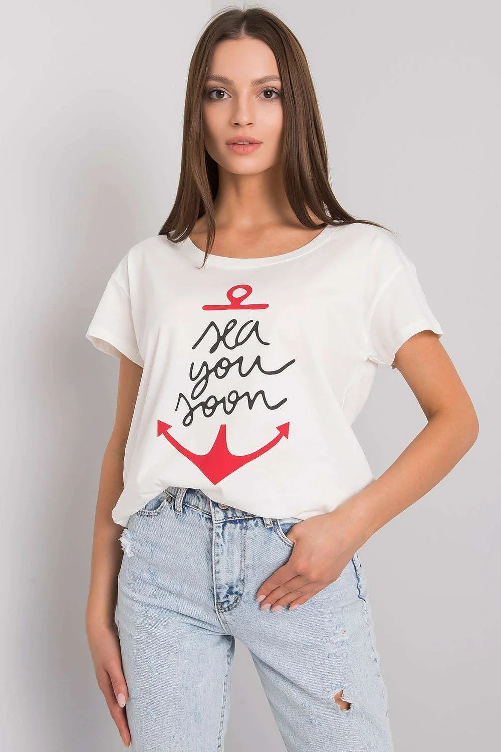 T-shirt pour femme design ancre 'sea you soon' vert menthe manches courtes col rond ajusté