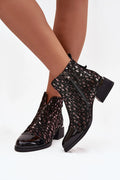 bottines cuir verni daim naturel brillante tige scintillante talon bloc stable hauteur moyenne doublure fourrure chaude automne hiver confort élégant