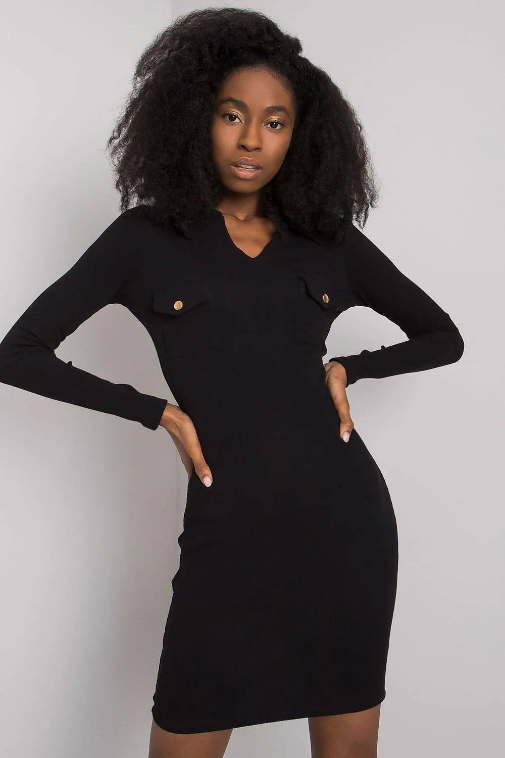 Robe de jour Rue Paris coupe crayon tissu côtelé manches longues col V couleur marron foncé ajustée pour femme