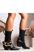 Bottines femme modernes audacieuses design pointu couleur noire cuir lisse talon modéré chaîne dorée cheville haute qualité