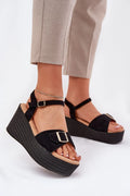 sandales femme élégantes talon compensé plateforme espadrille noire dorée suédée écologique semelle tressée rembourrée confort boucle réglable cheville bride chic