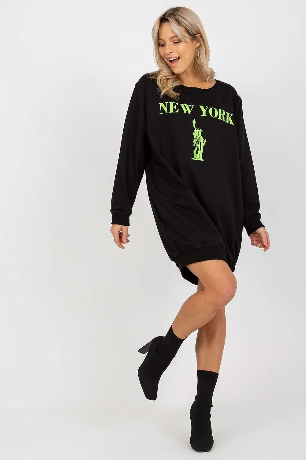 Robe sweat femme design moderne urbain imprimé New York Statue Liberté manches longues col rond coton polyester élasthanne
