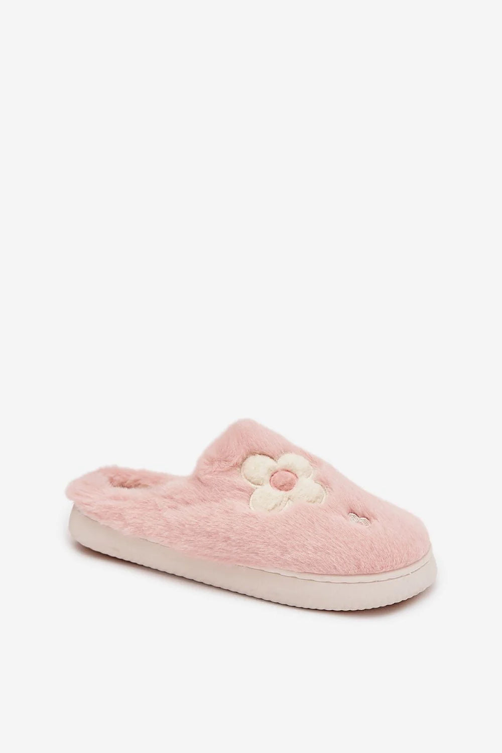 pantoufles femme mules intérieur fausse fourrure rose poudré bout fermé semelle blanche antidérapante moelleux confort immédiat brodée fleur crème girly