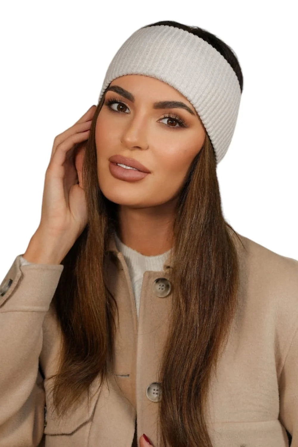 Bandeau pour femmes en tricot côtelé élastique couleur grise claire, style casual-chic, matières confortables, parfaits pour l'hiver